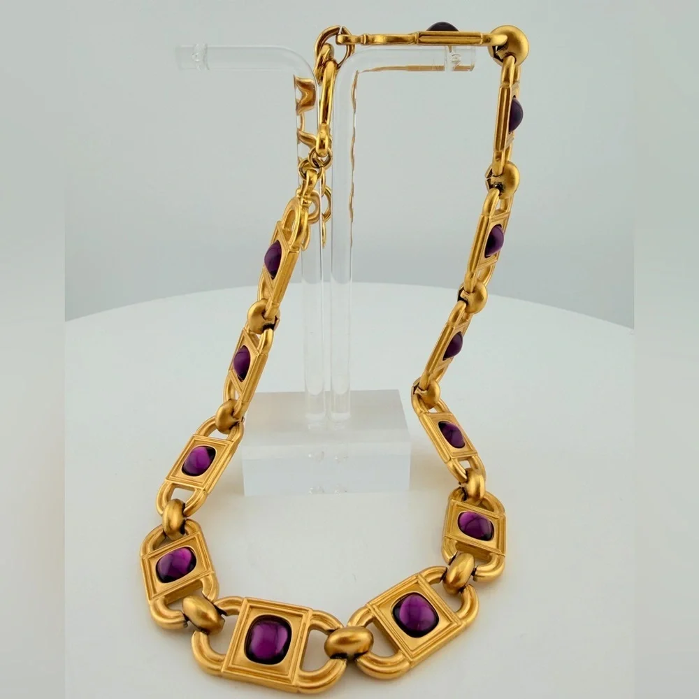 Monet for YSL 1980s Amethyst Glass Cabochon Link Necklace and earrings 68g - Picture 8 of 14